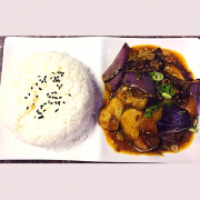 Eggplant in Garlic Sauce with Minced Pork on Steamed Rice